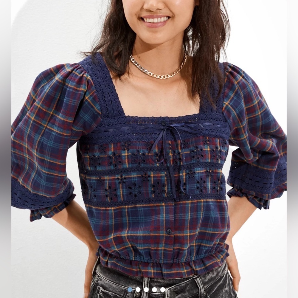 American Eagle Blue Plaid Crochet Lace Puff-Sleeve Blouse Women’s Sz Small NWT
